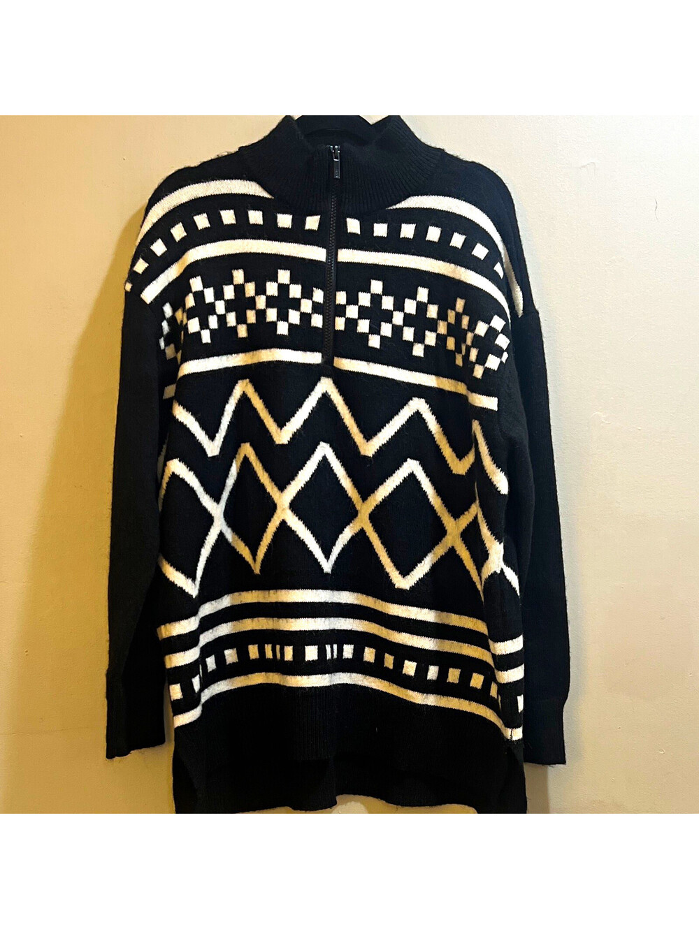 Lou & Grey Black/White Geometric Knit Mock Neck 1/4 Zip Pullover Sweater L